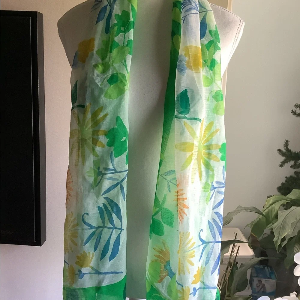 Elaine Gold Sheer Floral Green and Yellow Oblong Scarf